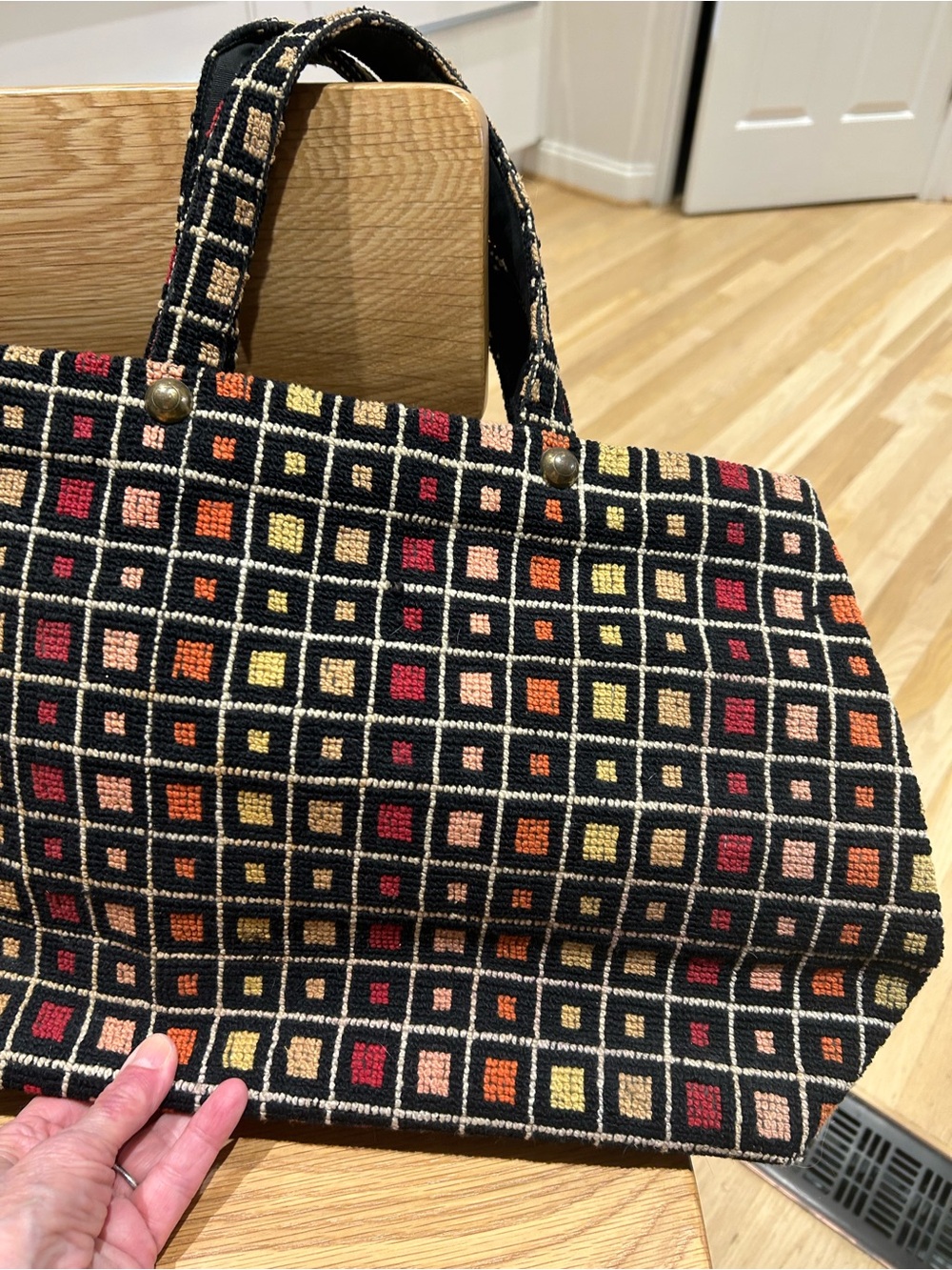 Vintage 1960’s Multicolor Grid Tapestry Tote Bag - Black Base